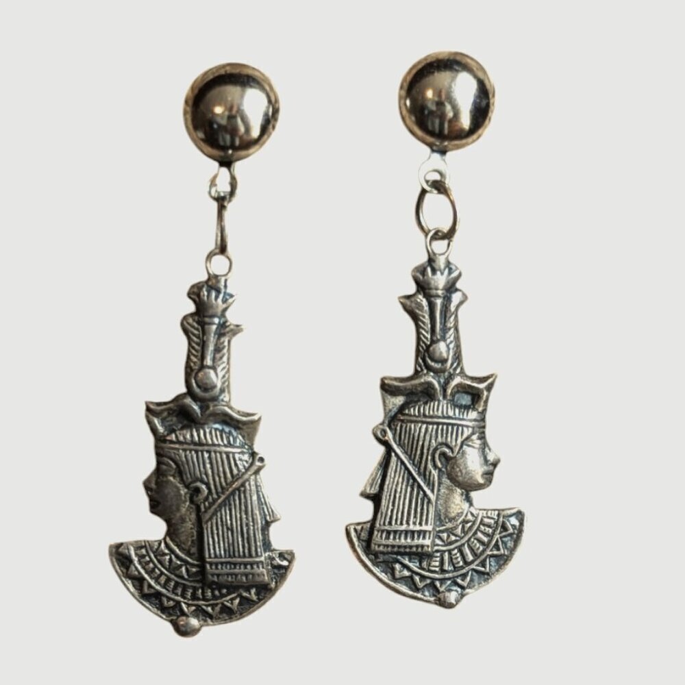 Vintage‎ Egyptian Pharaoh Earrings Art Deco Costume Dangle Post Silver Tone Boho